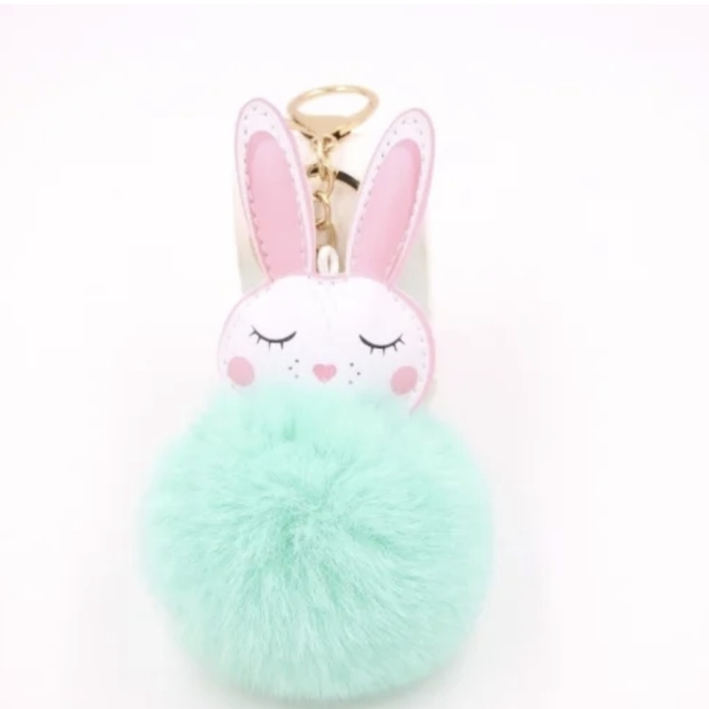 Cute Bunny Pom Pom Keychain Set - Pink, Blue, White, Green - Picture 6 of 6